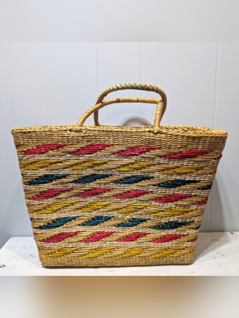 Carefree Weaved Straw Beach Tote Large Multicolor Made In USA‎
